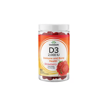 Swanson Vitamin D3 2000 IU (50 mcg) Strawberry Gummies for immune and bone health, 60 vegetarian, gluten-free gummies per bottle.